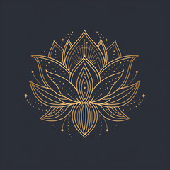 Intricate lotus logo featuring detailed line work in gold against a dark background, representing elegance and spirituality, perfect for branding and design