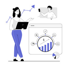Digital business concept. Woman creating business plan, develop strategy and invests. Vector illustration with line people for web design.