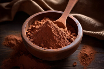 Ground cocoa in a wooden plate on the table.