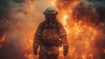 A heroic firefighter, in full gear, stands courageous amidst engulfing flames and thick smoke, representing bravery and risk