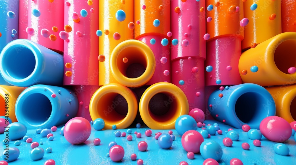 Poster vibrant 3d image of colorful pipes and spheres creating a playful and dynamic abstract composition