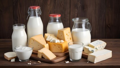 An assortment of dairy products including a bottle of milk, a block of cheese, a jar of yogurt, and other dairy items on a wooden surface