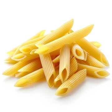 Raw Penne pasta isolated on white background.