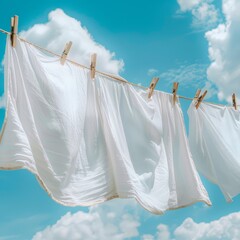 Clean clothes hanging on washing line against sky. Drying laundry