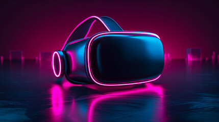 A virtual reality headset with a purple strap is on a table. The headset is surrounded giving it a futuristic and cool vibe. a virtual reality headset with glowing neon lights, sharp and clean lines