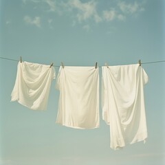 Clean clothes hanging on washing line against sky. Drying laundry
