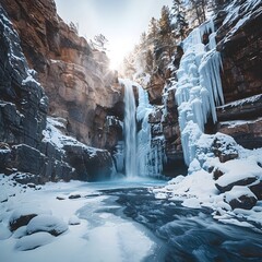Frozen Waterfall in Snowy Mountain Landscape Serene Winter Wonder