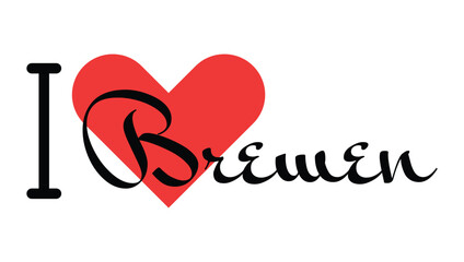 I love Bremen, city of Germany. Hand drawn letters with red heart. Vector illustration lettering, modern design