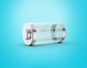 Transparent Shiny Empty Glass Battery Cell With Gray Metal Caps On Cyan Background 3d Illustration