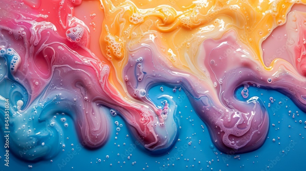 Poster abstract macro shot of swirling colorful paint blending into a vivid marbled effect on canvas