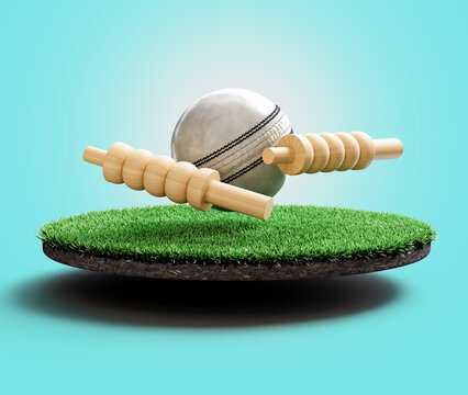 White Leather Stitched ODI Cricket Ball With Two Wicket Bails On Grass Ground Field 3D Illustration