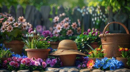 Lively garden banner featuring a gardener's hat, colorful potted flowers, and delicate snowdrops, all in a photo-realistic spring scene