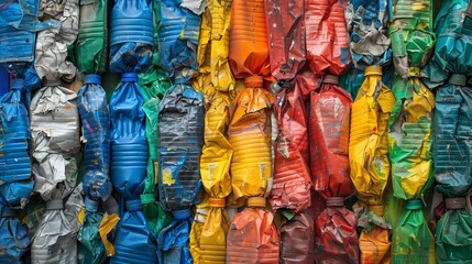 Fototapeta premium Colorful Crushed Plastic Bottles for Recycling, Environmental Conservation, Waste Management, Eco-Friendly Practices, Sustainable Living, Recycled Materials, Pollution Awareness, Circular Economy