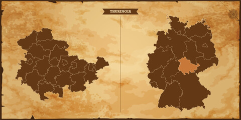 Thuringia state map, Germany map with federal states in A vintage map based background, Political Germany Map
