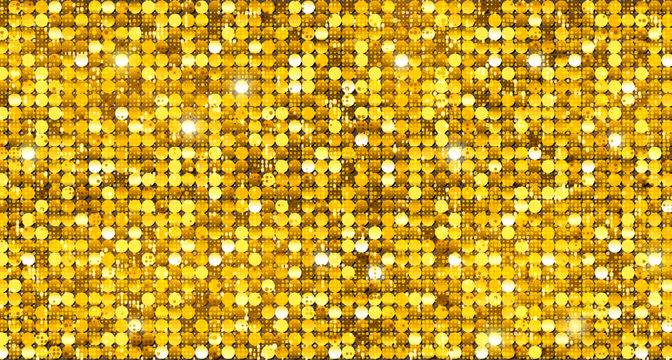 Bright shiny golden sequins. Glitter background. Vector banner