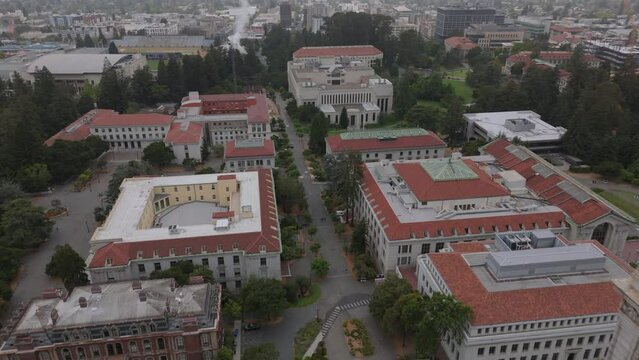 final aerial view of UC Berkeley campus flying backward past Campanile tower