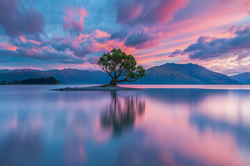 Stunning Long-Exposure Landscape of Wanaka Tree at Dusk