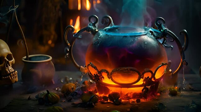 magic potion boils in the pot on halloween