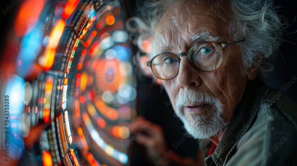Poster Dynamic control panel with illuminating buttons and blurred face of a person in foreground
