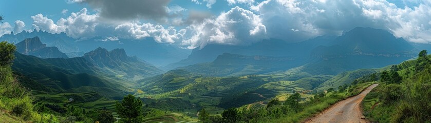 Fototapeta premium Majestic Mountain Panorama: Awe-Inspiring Peaks, Lush Valleys, and Winding Road Through Scenic Landscape