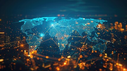 Abstract graphic digital world map hologram with connections skyscrapers background  globalization concept. Multi exposure