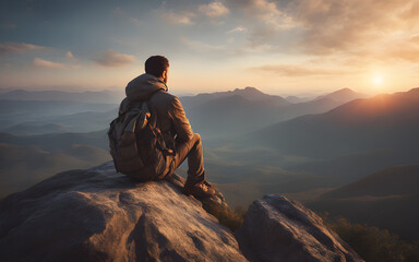 Man sitting on a mountain peak, sunrise, concept of finding peace in nature
