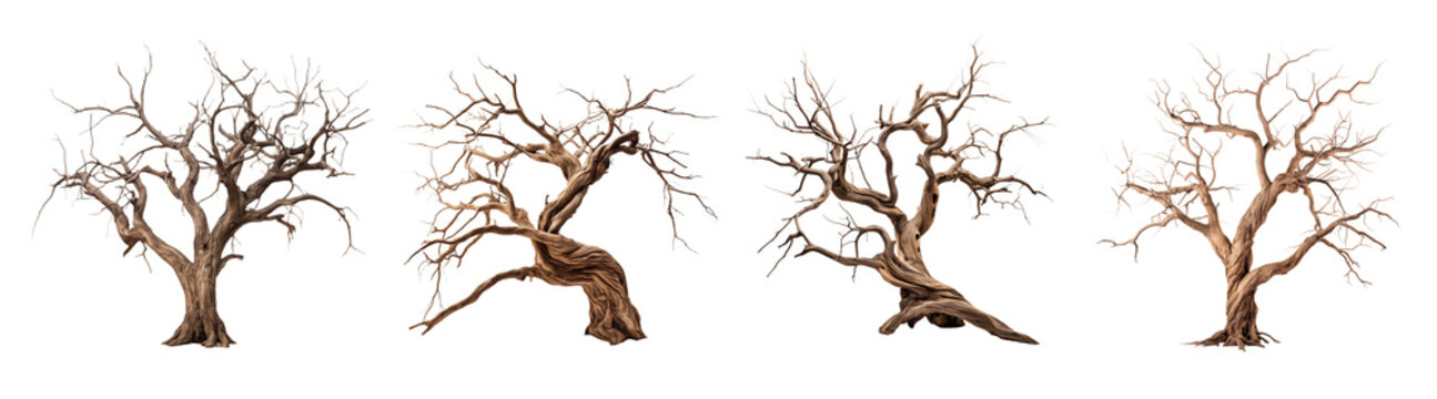 Dead tree set with branches and twisted trunk. Leafless tree on transparent background