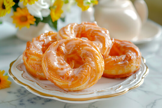 Choux pastry rings filled with whipped cream on plate . French crullers