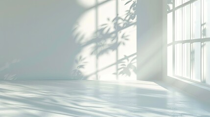 Abstract White Studio Background for Product Presentation Window Shadows and Sunlight. Blurred...