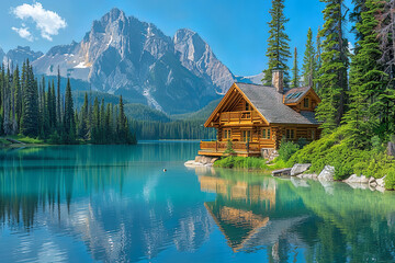 Obraz premium A cottage by a beautiful and clean lake high in the mountains