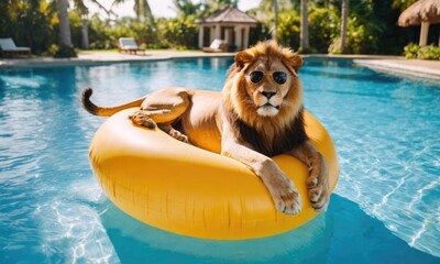A lion with sunglasses lounges on a pink inflatable ring in a pool. Close-up with copy space, ideal for vacation and summer holiday themes.