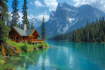 Fototapeta premium A cottage by a beautiful and clean lake high in the mountains