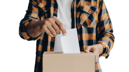 Man inserts a ballot on a transparent background