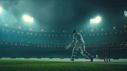 Nighttime Cricket Match with Dramatic Lighting