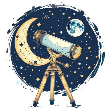 recommend clip art: A vintage telescope sits on a tripod, pointed towards the night sky with a crescent moon and stars in the background