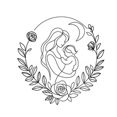 Happy Mother's Day. Vector abstract illustration of mother and child, rose flower, frame, border for greeting card, poster or flyer. Black outline mother and child. 