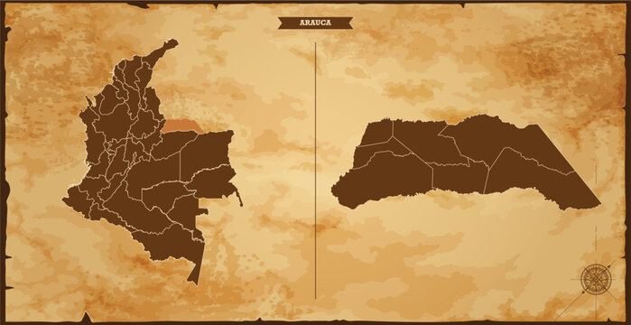 Arauca state map, Colombia map with federal states in A vintage map based background, Political Colombia Map