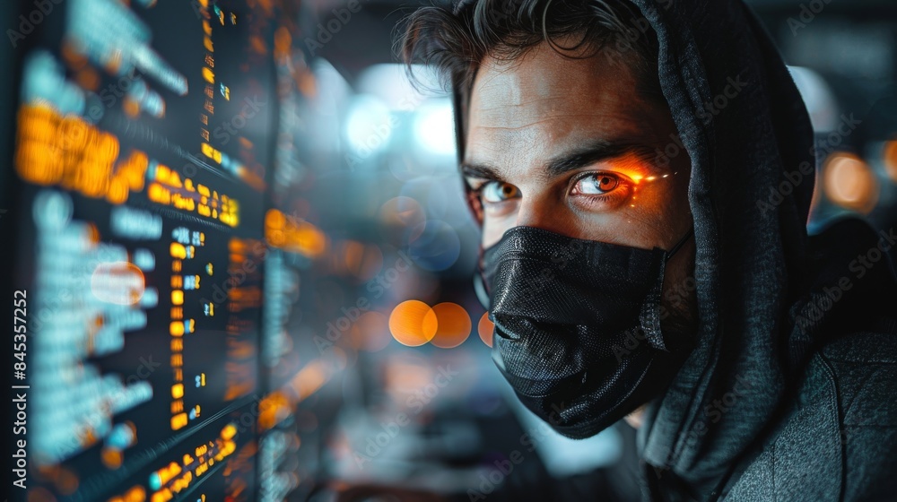 Poster a mysterious figure stands blurred near server racks, hinting at cyber security concepts