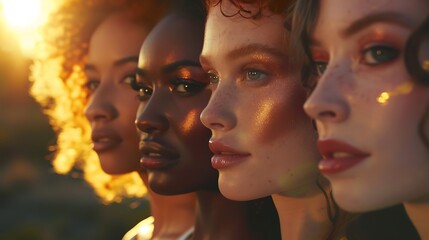 A serene image capturing the natural beauty of a diverse group of models, each with their own...