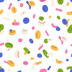 Colorful abstract pattern, seamless background. Playful confetti texture, festive party design. Decorative endless multicolored print for creative textile, fabric, wrapping. Flat vector illustration