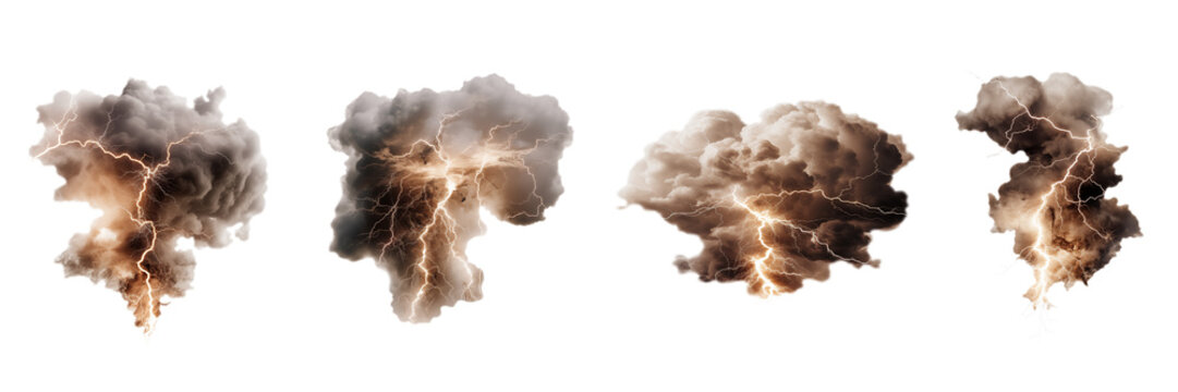 Storm cloud with lightning set on transparent png