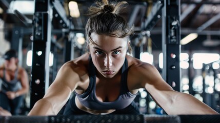 Obraz premium woman in a gym, performing a push-up exercise determined expression on her face as she focuses on her workout.