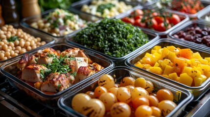 An array of prepped meals in individual containers, showcasing healthy meal prep options and variety
