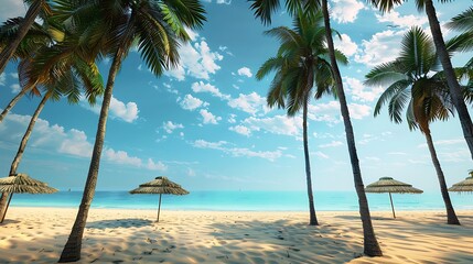 A postcard-worthy view of a tropical beach, with palm trees towering over straw umbrellas, soft golden sand, and the tranquil expanse of the turquoise sea meeting the azure sky 