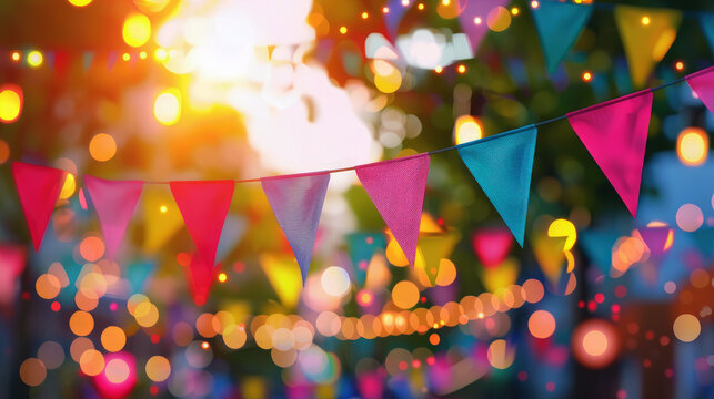 beautiful blurred background of a festive city street with colorful flags and garlands in pink and blue colors