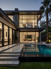 A modern villa exterior with a sleek and contemporary design with clean lines and large windows in Florida. Tropical landscaping with palm trees, colorful flowers, and lawns, 3D render