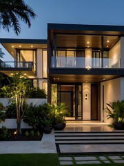 A modern villa exterior with a sleek and contemporary design with clean lines and large windows in Florida. Tropical landscaping with palm trees, colorful flowers, and lawns, 3D render