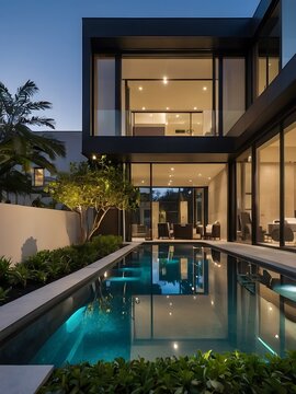 A modern villa exterior with a sleek and contemporary design with clean lines and large windows in Florida. Tropical landscaping with palm trees, colorful flowers, and lawns, 3D render