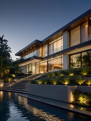 Fototapeta premium A modern villa exterior with a sleek and contemporary design with clean lines and large windows in Florida. Tropical landscaping with palm trees, colorful flowers, and lawns, 3D render