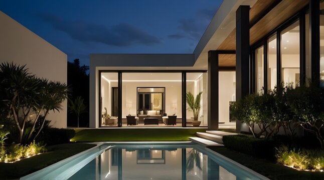 A modern villa exterior with a sleek and contemporary design with clean lines and large windows in Florida. Tropical landscaping with palm trees, colorful flowers, and lawns, 3D render
